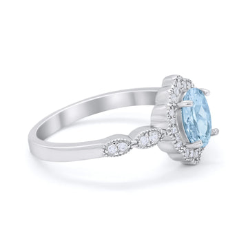 Halo Art Deco Oval Engagement Bridal Ring Simulated Aquamarine CZ 925 Sterling Silver